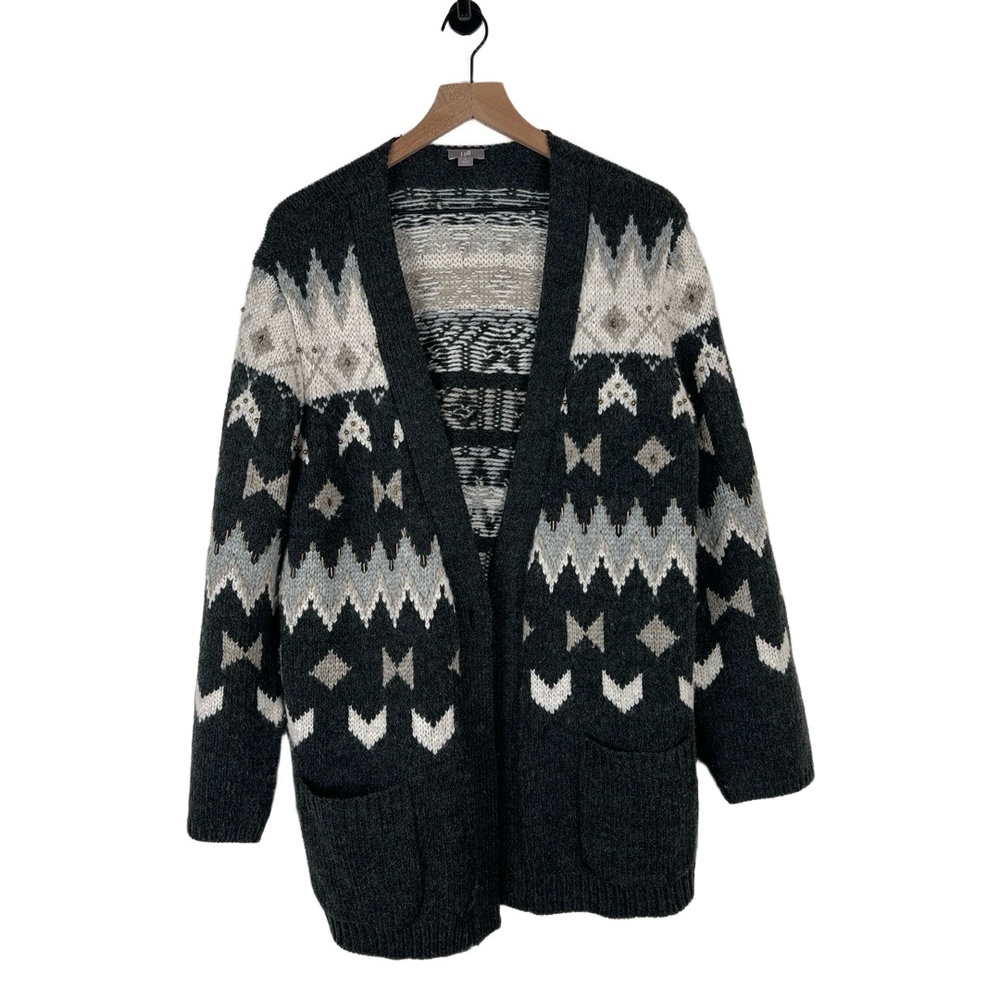 J.Jill Womens Cardigan Size L Gray Fair Isle Beaded Pockets Scandi Coastal Wool‎